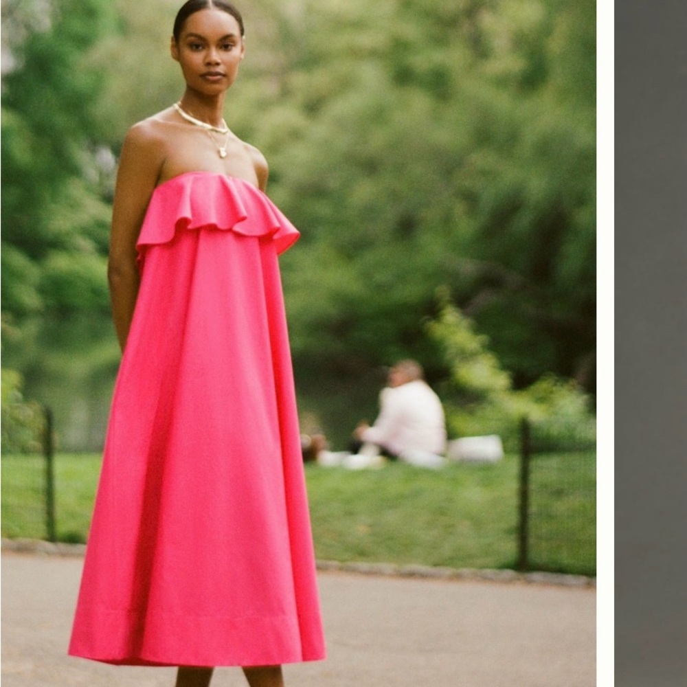 Anthropologie Strapless Ruffle Midi Dress in Hot Pink
